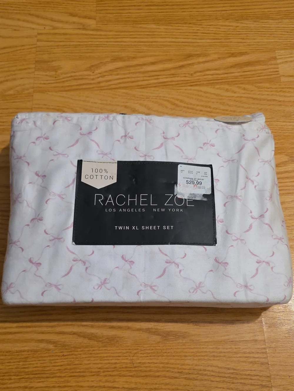 Rachel Zoe Twin XL Cotton Sheet Set in White with Pink Bow Motif